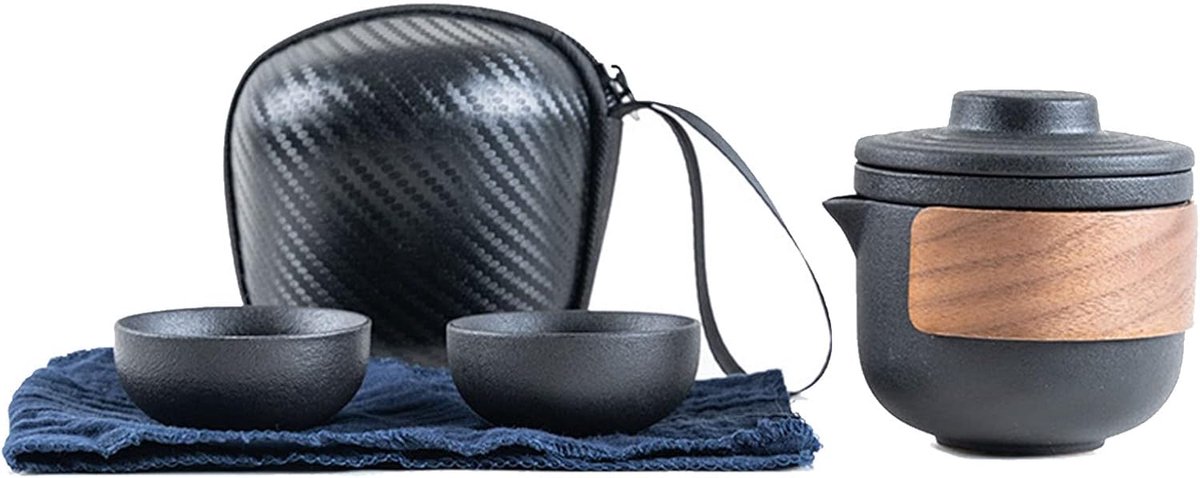 Reistheeset, Mini-keramische Theepot-infuserset voor Buiten met Opbergtas (Zwarte pot met 2 kopjes)