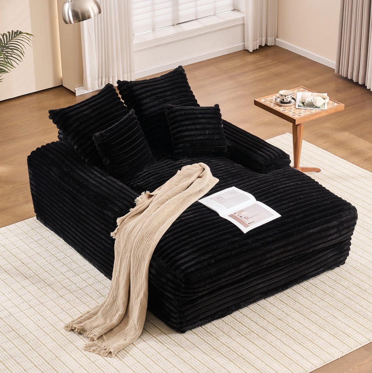 MEUNIQ Chaise longue 175 x 137 cm van zwarte ribstof met geheugenschuim, 4 afneembare wasbare kussens en armleuningen voor de woonkamer