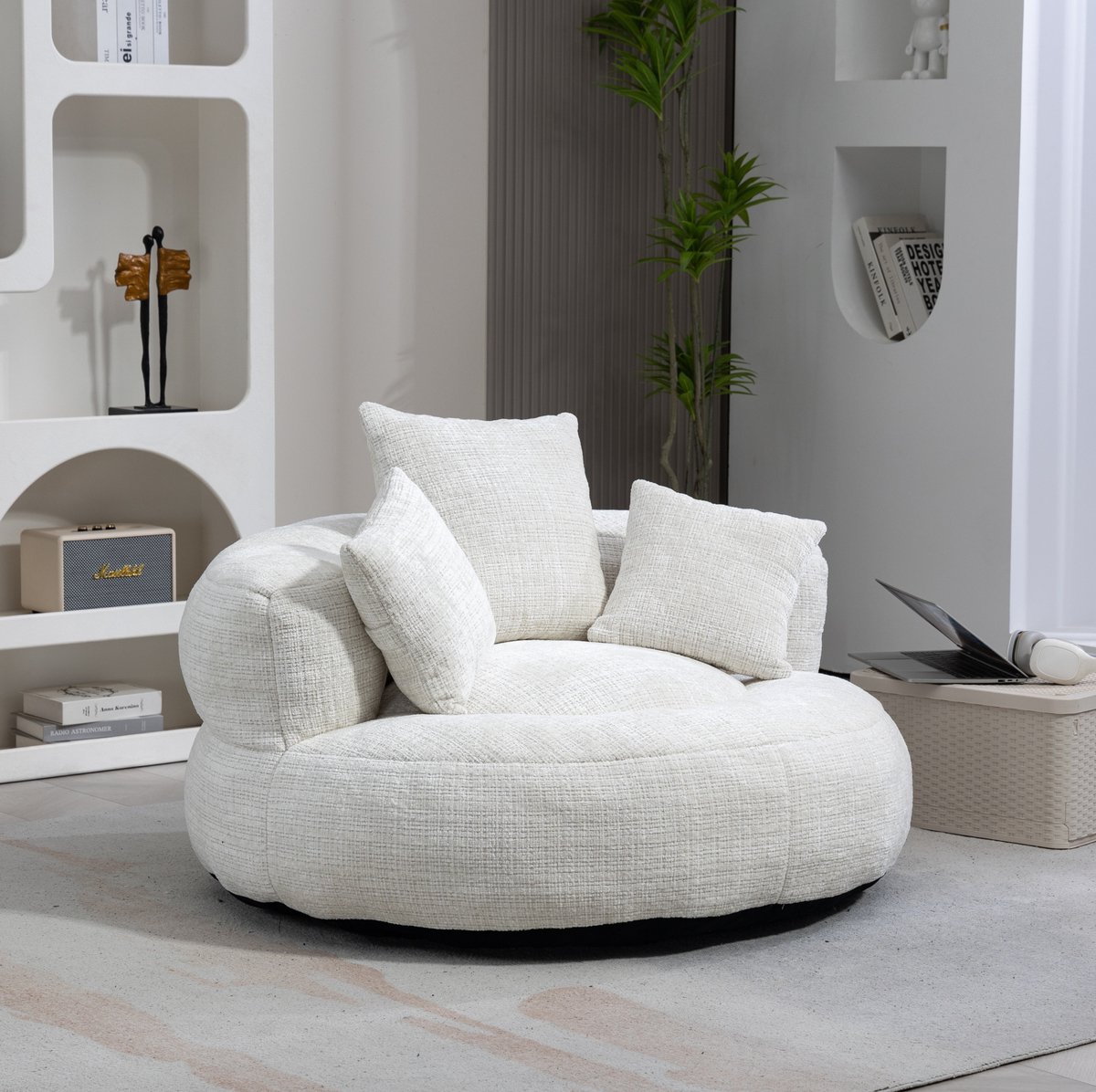 MEUNIQ zitzak loungestoel 108 x 108 x 52 cm met rugleuning, armleuningen en 3 kussens voor woonkamer, slaapkamer en speelkamer - Beige chenille