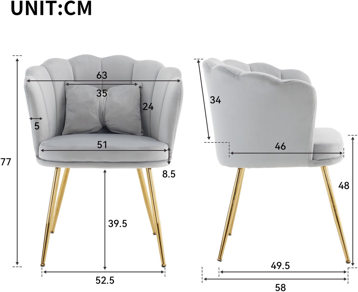 MEUNIQ Set van 6 grijze velvet fauteuils met bloembladvormige rugleuning, armleuningen en goudkleurige metalen poten voor woon- en slaapkamer Grijs