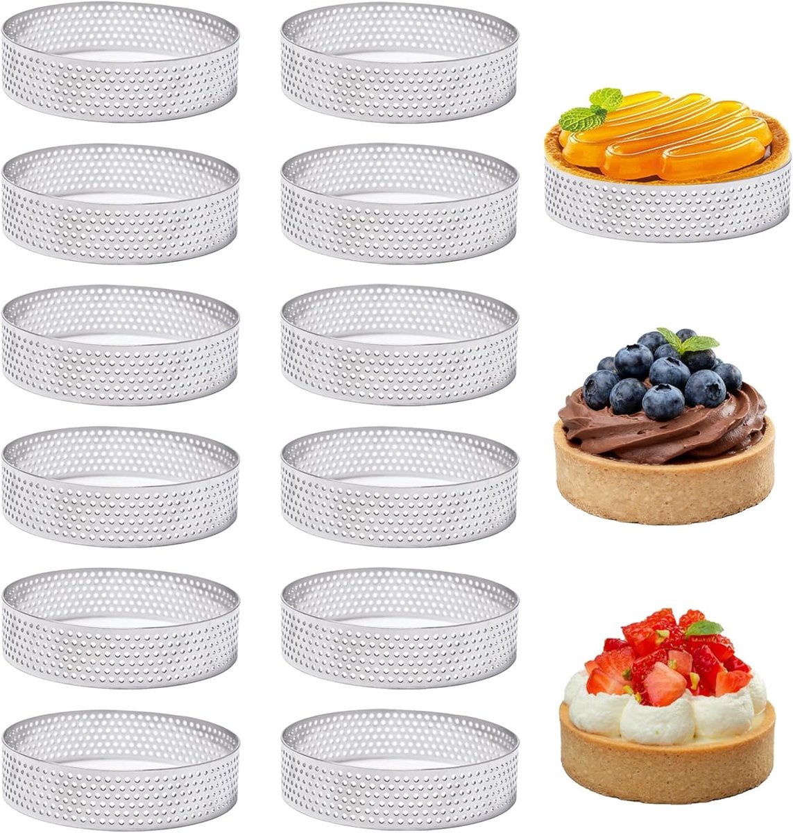12 Stuks Ronde Taartvormen van RVS voor Dessert, Quiche en Muffins - Mousse Ringen met Gaten voor Perfecte Bakresultaten