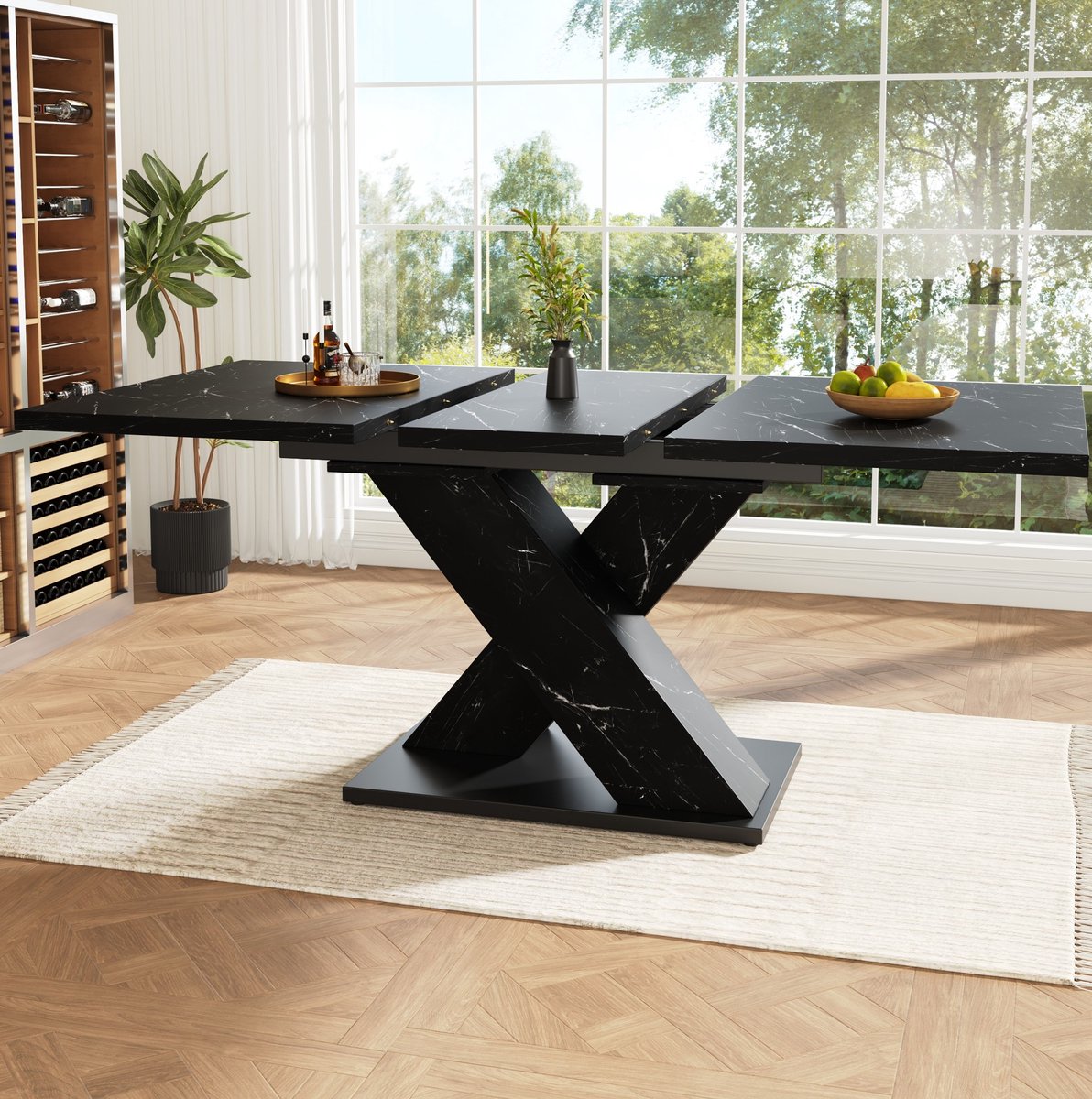 MEUNIQ Uitschuifbare eettafel 119-158,5 x 80 cm met zwart marmerlook tafelblad, X-poten, metalen geleiderail en vergrendeling voor keuken en eetkamer
