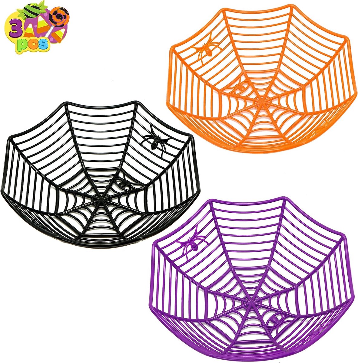 3 stuks - Snoepschalen in de vorm van een Halloween-spinnenweb - Geschikt voor koekjes, snacks en fruit - Kunststof - Geschikt voor feestdecoratie, snoep serveren en tafeldecoratie - Zwart, oranje en paars