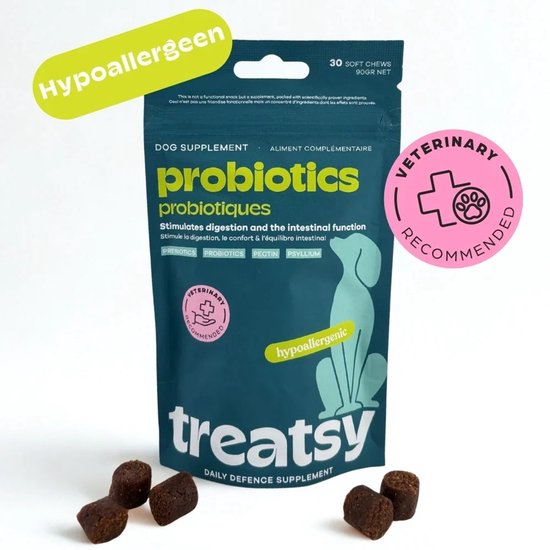 Donkerblauwe verpakking voor Treatsy hondensupplement met gele tekst 'Probiotiques', een hondensilhouet, 'hypoallergeen' en 3 donkerbruine kauwsnacks.