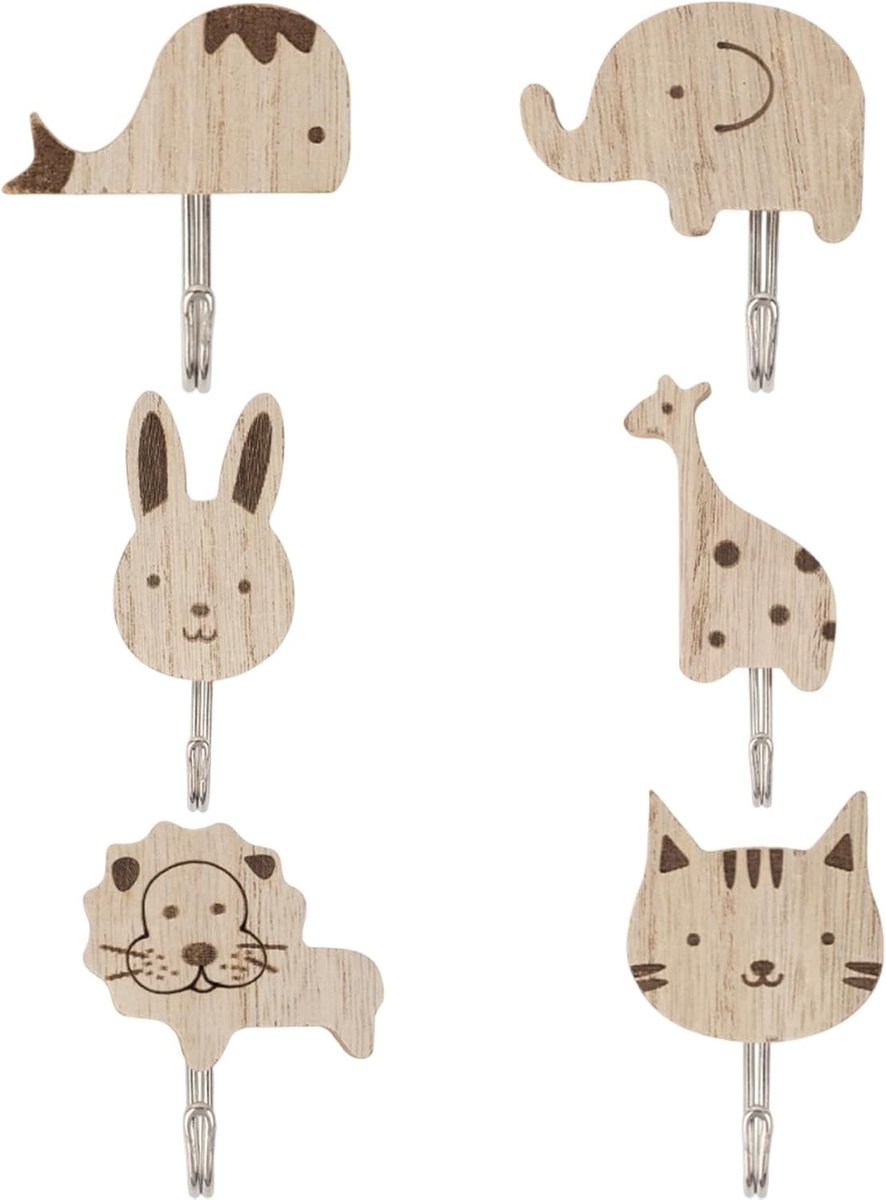 Set van 6 Schattige Houten Dieren Wandhaken voor Kinderen - Zelfklevende Kledinghaken voor Kinderkamer, Badkamer en Keuken