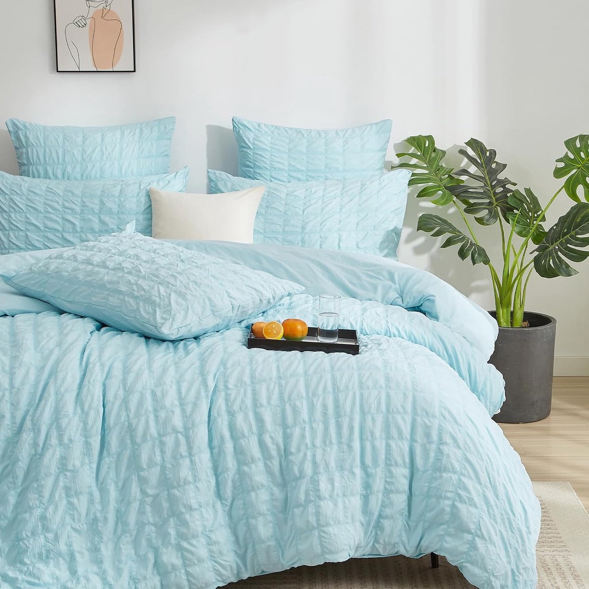 Beddengoed, 135 x 200 cm, blauw geruit, modern, microvezel, zacht, ademend, 2-delig, met ritssluiting en kussensloop van 80 x 80 cm