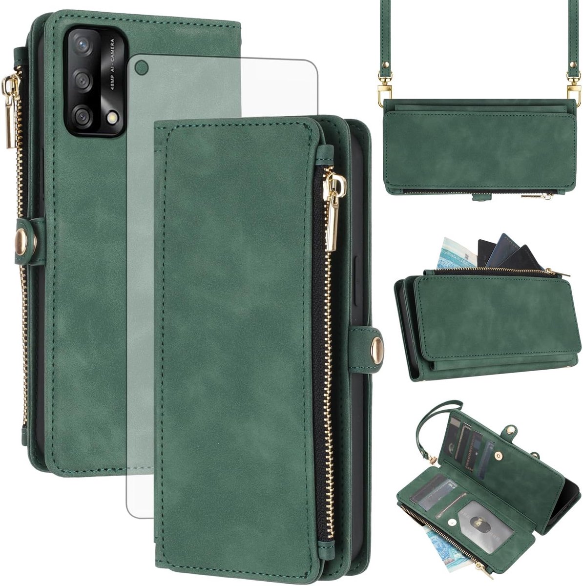 Hoes voor mobiele telefoon voor Oppo A94 5G/A95 5G/Reno 5Z/F19 Pro+ Plus, hoes met band en folie, beschermfolie, RFID-kaartenvak, inklapbaar, leer, bloemen, portemonnee, standaard, A 94 95