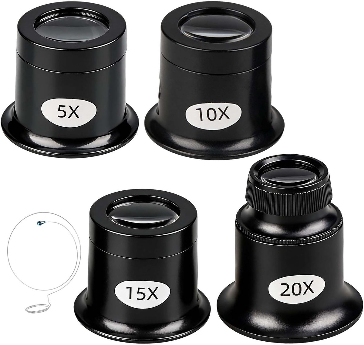 4-delige juweliersloep set, 5 x 10 x 15 x 20 x loep met draadhouder, juweliersvergrootglas van verschillende sterktes, voor horloges en nauwkeurige details reparatie