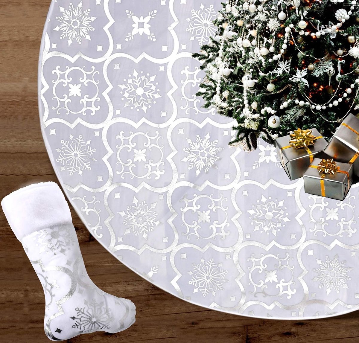 122 cm, kerstboomdeken met kerstkousen, kerstboomrok met sneeuwvlokkenpatroon, kerstdeken voor Kerstmis, vakantie, feest (wit)
