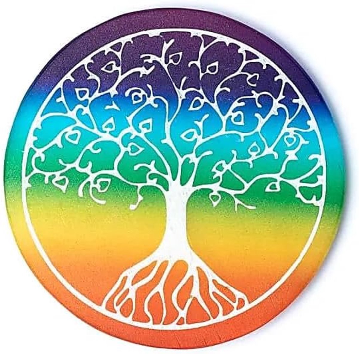 Onderzetter met levensboom-gravure, kristallen oplaadplaat, rond, regenboog kleurverloop, 9 cm
