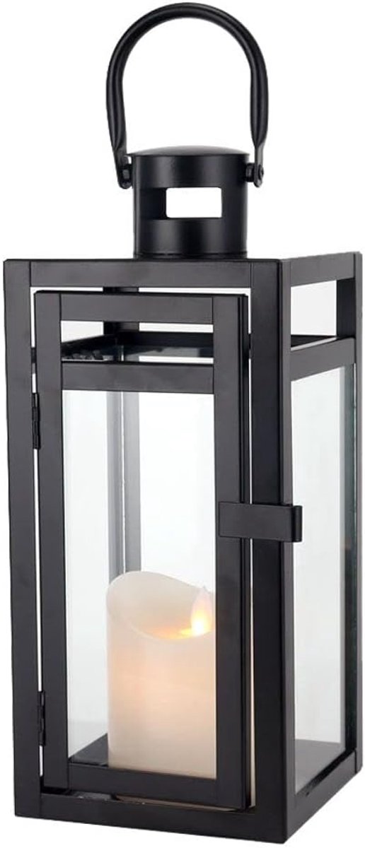 Decoratieve Lantaarn 30cm Hoog Metaal Kaarsenhouder met Duidelijke Glaspanelen Perfect voor Woondecoratie Woonkamer Feesten Tafel Binnen Buiten (Mat Zwart)