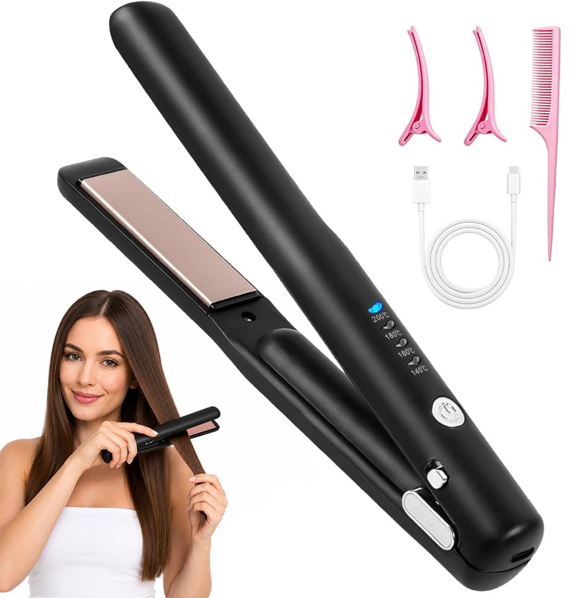 Stijltang 2-in-1 - Mini, draadloos - Keramisch, USB-C-oplading - Perfect voor dik kort haar - ShopVlot
