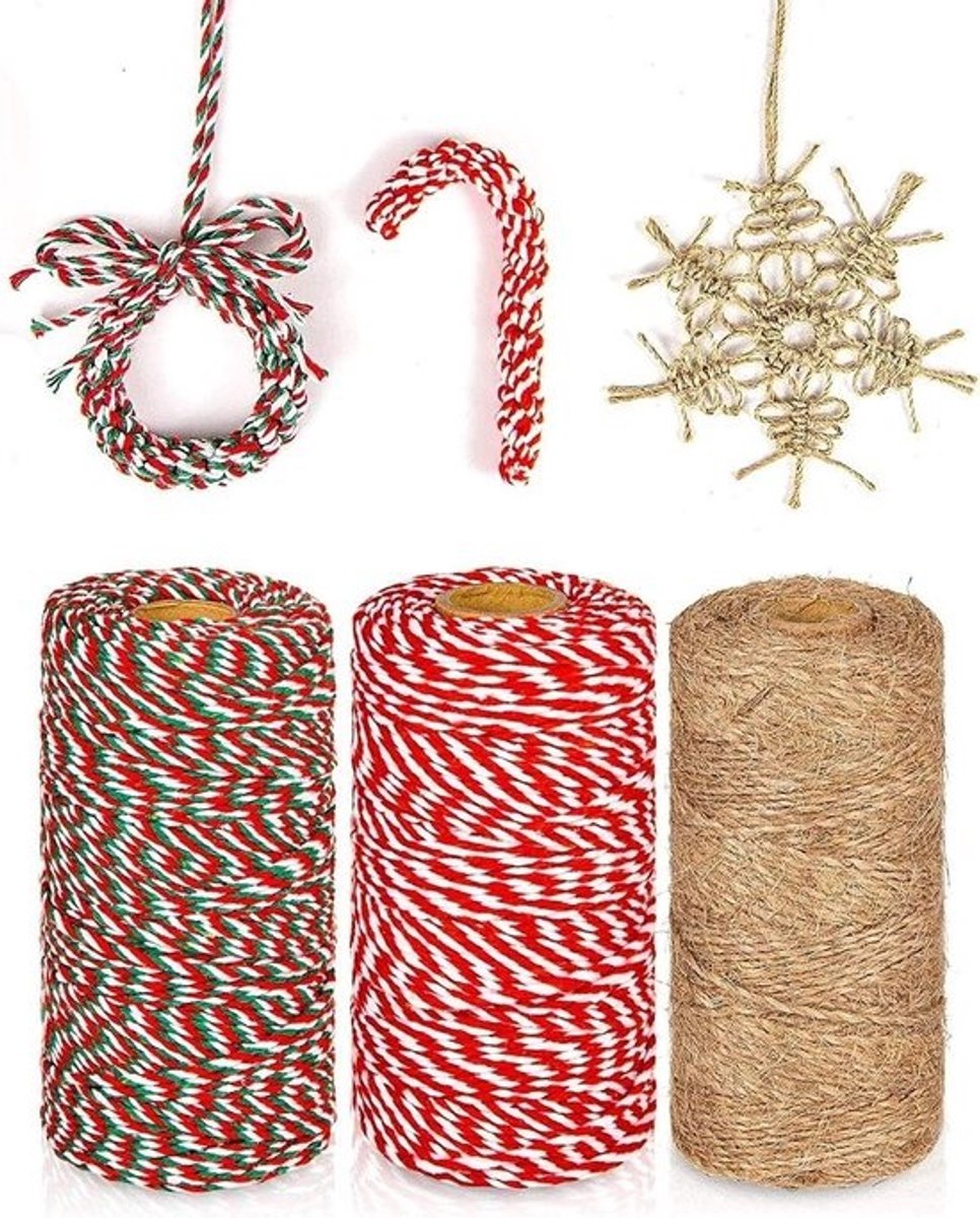 3 Stks Kerst Jute Snaren - Katoen Touw Rolls 984 Voeten - Rood Wit Groen Katoen String - Jute Touw Wikkeltouw Koord Voor Xmas - DIY Ambachten Presenteert Bakken
