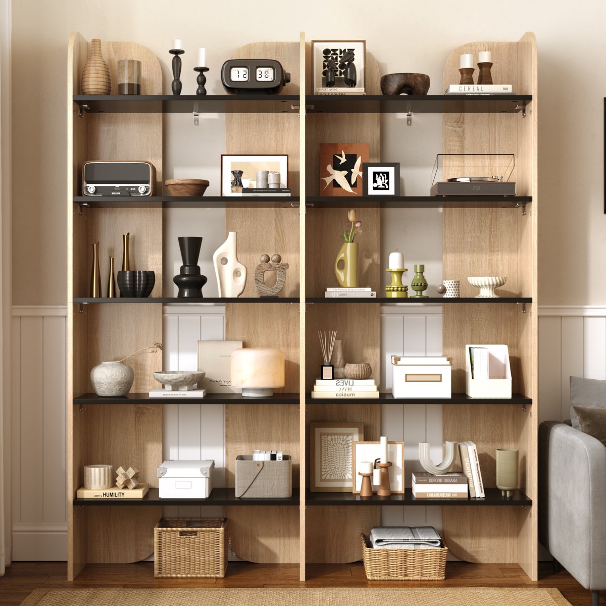 DESMIU Boekenkast Vijf Niveaus 135 cm Breed 160 cm Hoog Spaanplaat Naturel Zwart Open Opbergrek Voor Woonkamer En Kantoor Naturel en zwart