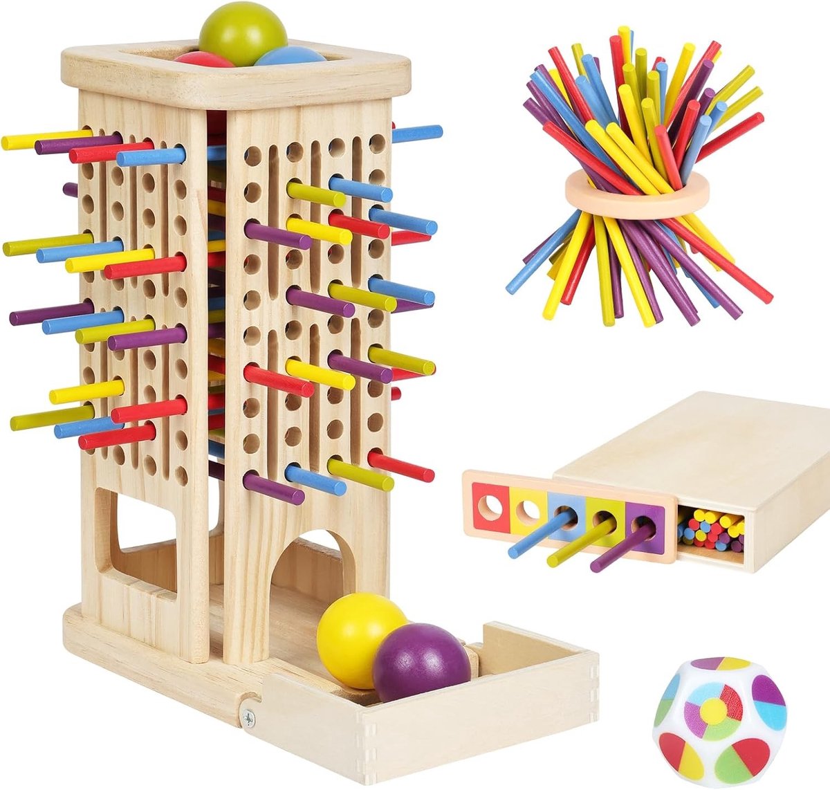 Houten Bordspel voor Kinderen, Educatief Montessori Speelgoed met 40 Kleurrijke Stokken en Dobbelstenen, Wiskundig Spel voor Gezinsplezier en Fijne Motoriek voor Kinderen van 3-6 Jaar