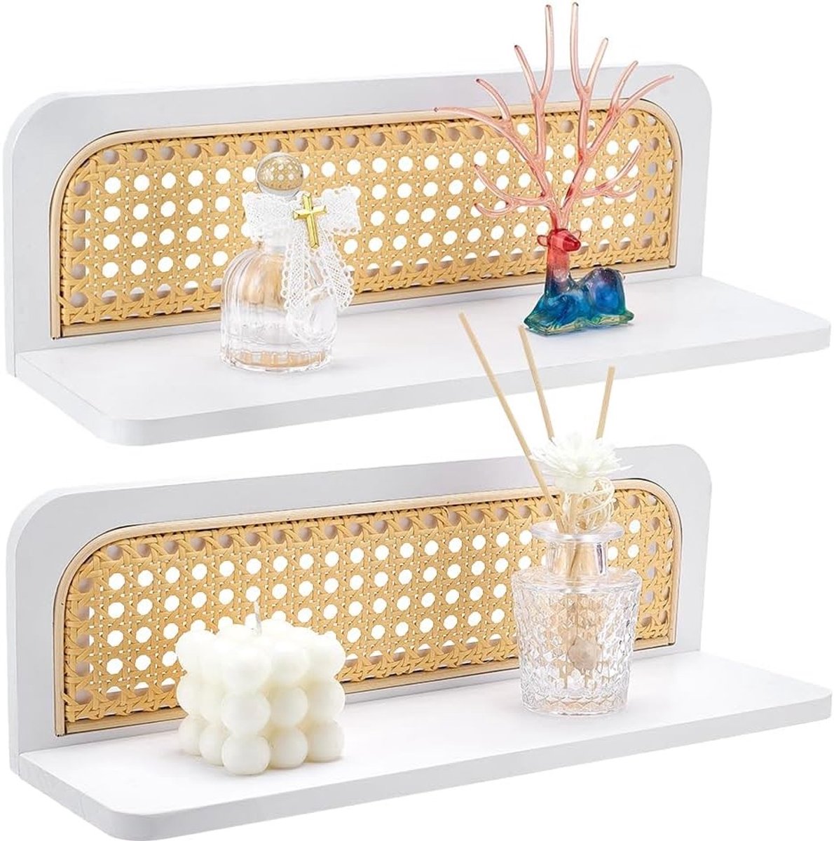Boho Wandplanken Set van 2 - Rieten Plank voor Badkamer, Keuken en Woonkamer - Decoratie voor Planten en Figuren
