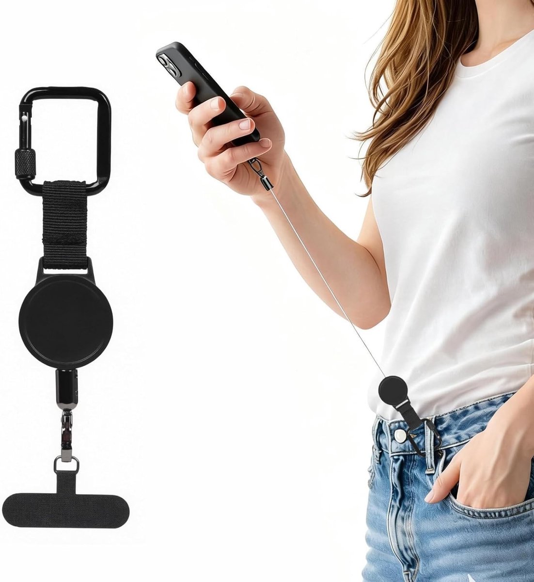 Verstelbare anti-diefstal smartphone strap met veilige mechanismen, valbescherming en duurzame ABS constructie voor outdoor activiteiten zoals wandelen en skiën