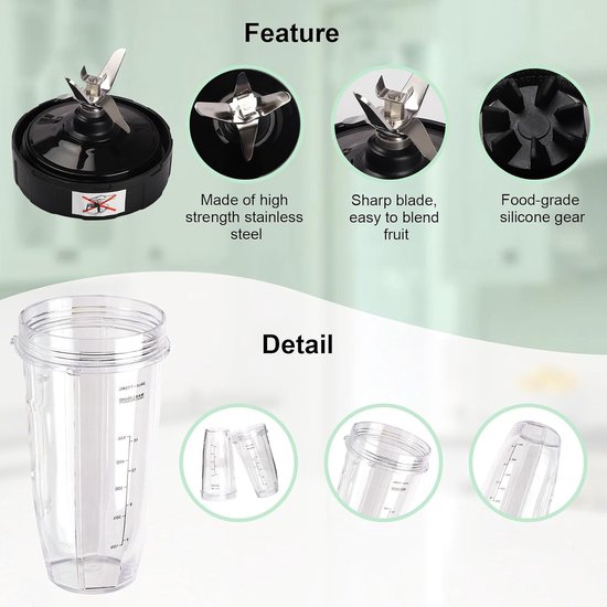 Vervangingsonderdelen voor Blender, 2 Stuks Blenderbekers met Afneembare Deksel, 7-Vin Extractor Mes Geschikt voor Diverse Blender Modellen, Geen Lekkage Mengbeker — afbeelding 2