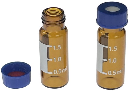 2 ml HPLC-injectieflacons, Lab autosampler injectieflacons, 9-425 heldere flesjes met schrijfoppervlak en graduaties, schroefdop, rode PTFE en witte siliconen septa, 100 stuks/verpakking (Amber) — afbeelding 2