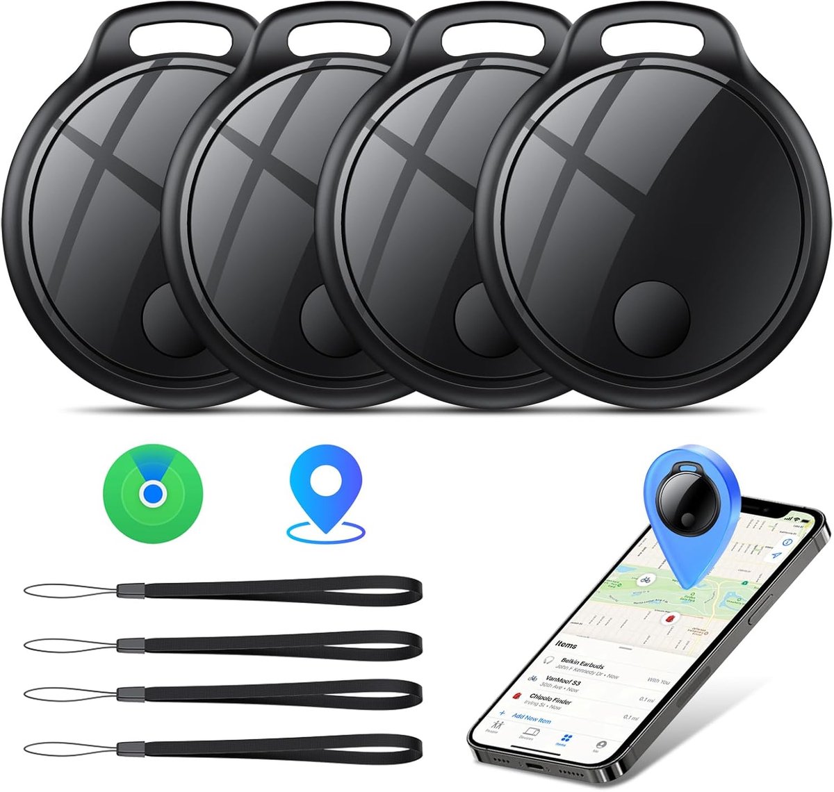 Tracker Tag 4 stuks, sleutelzoeker, compatibel met Apple Find My App (alleen iOS), IP68 waterdicht, verwisselbare batterij, bluetooth-sleutelzoeker voor bagage, tassen, koffer, portemonnee