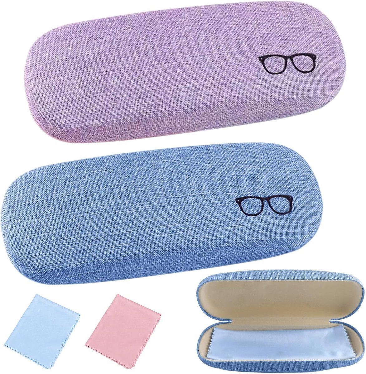 Set van 2 Harde Brillenhoezen van PU Leer - Krasbestendig, Inclusief Schoonmaakdoekje, Geschikt voor Zonnebrillen en Leesbrillen voor Dames, Heren en Kinderen