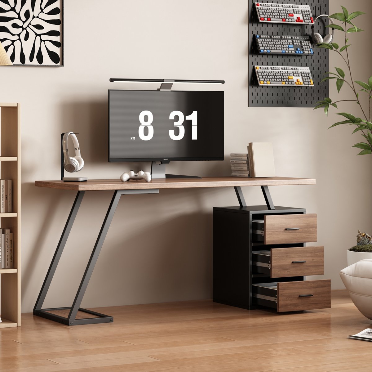 MEUNIQ Bureau 135,5 cm met 3 lades, opbergruimte en computerhouder – MDF werktafel met zwart metalen onderstel voor kantoor of studeerkamer – Donkerbruin