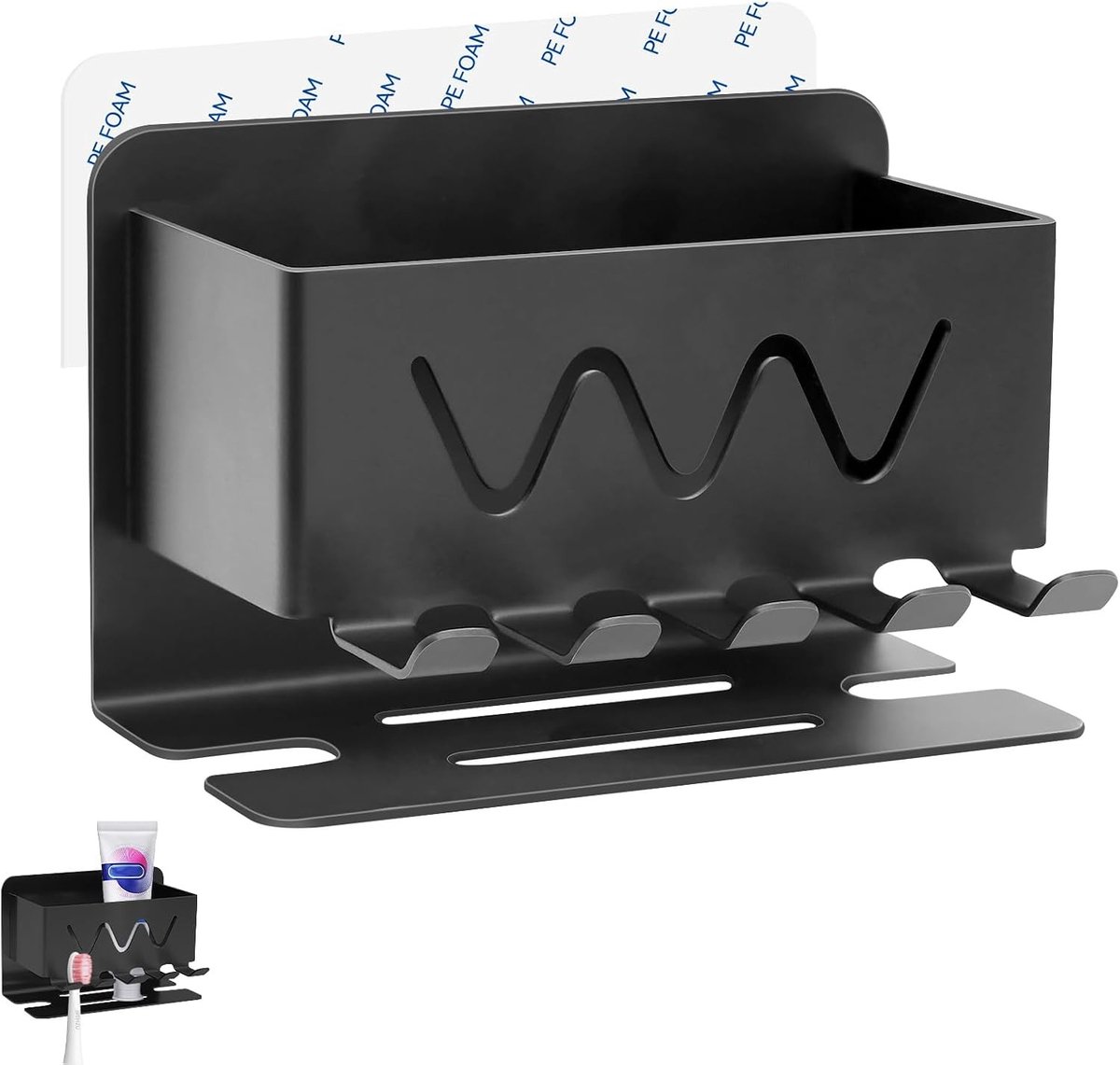 Wandhouder voor Tandenborstels van RVS - Zelfklevende Houder voor Elektrische Tandenborstels en Opbergruimte voor Borstelhoofden in de Badkamer (Zwart)