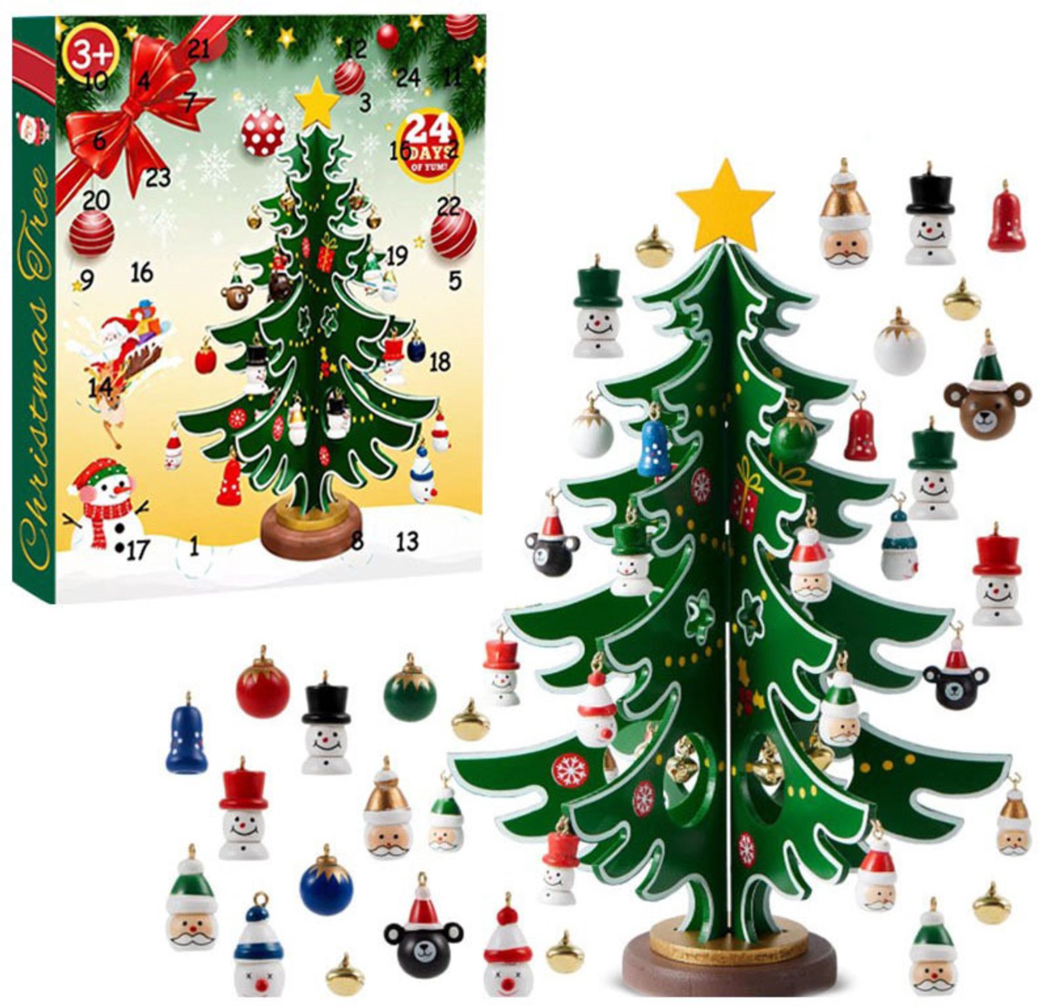 KZQ Kerst-adventskalender – Aftelkalender voor 24 dagen – Inclusief kerstboom en 24 ornamenten – Houten kerstdecoratie om zelf in elkaar te zetten – Cadeautjes voor jongens, meisjes en kinderen – Middelgroot formaat