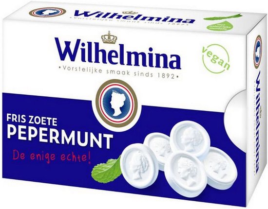 Wit en blauw doosje Wilhelmina pepermunt met 'Fris zoete pepermunt', 'vegan' logo en afbeelding van muntjes.