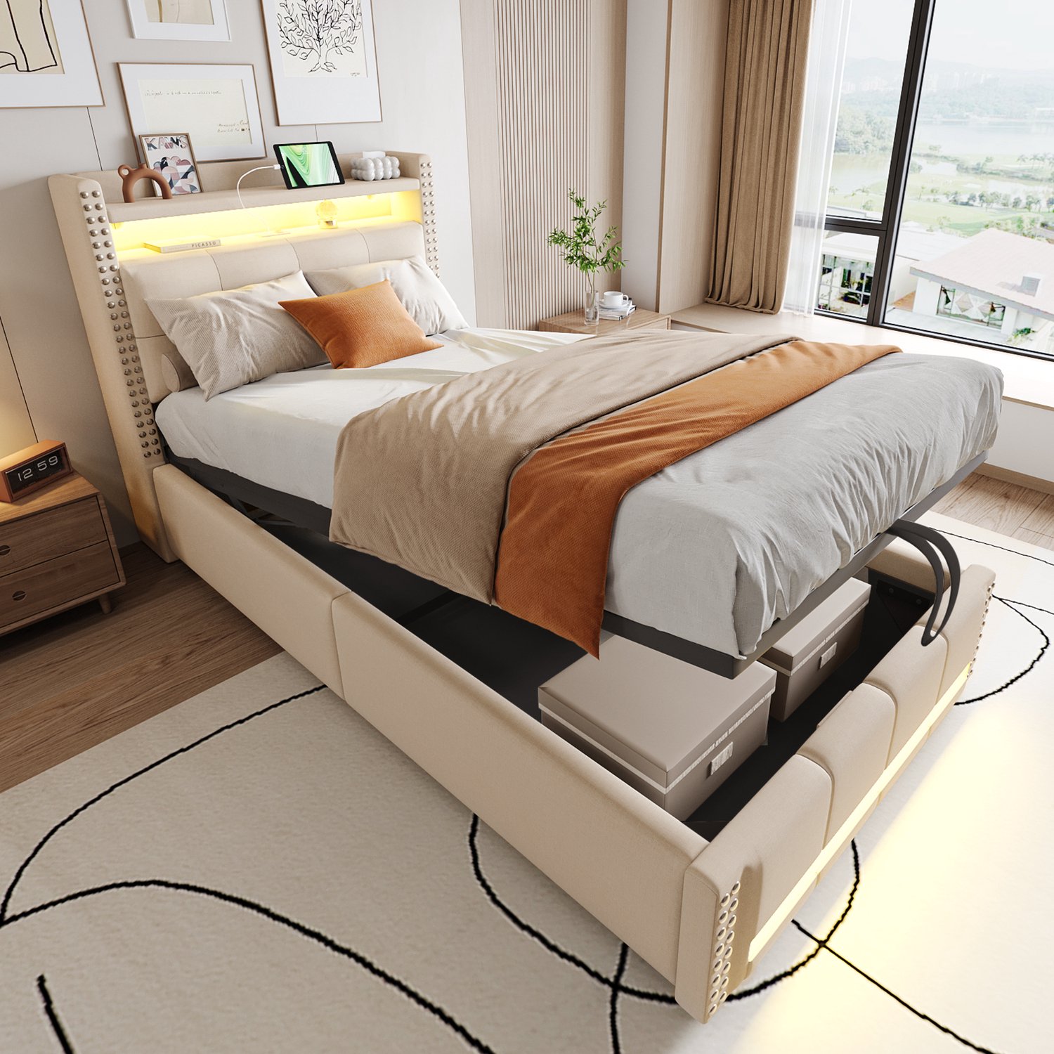 Merax Kinderbed 90x200cm met LED-verlichting en USB-stopcontact - hoofdeinde met plank - met opbergruimte - beige - zonder matras