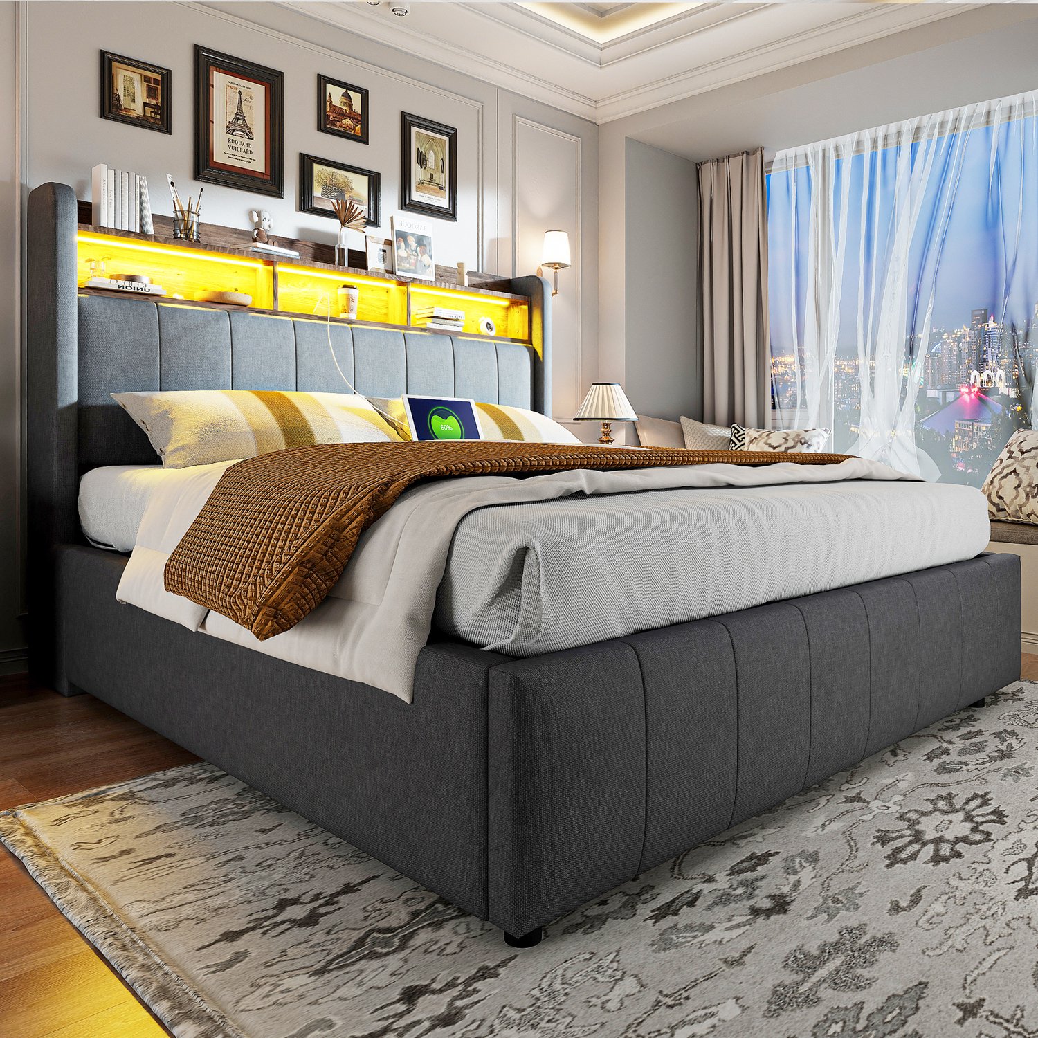 Merax 160x200 cm gestoffeerd bed - met LED-verlichting en USB-aansluiting - met opbergruimte - grijs - zonder matras