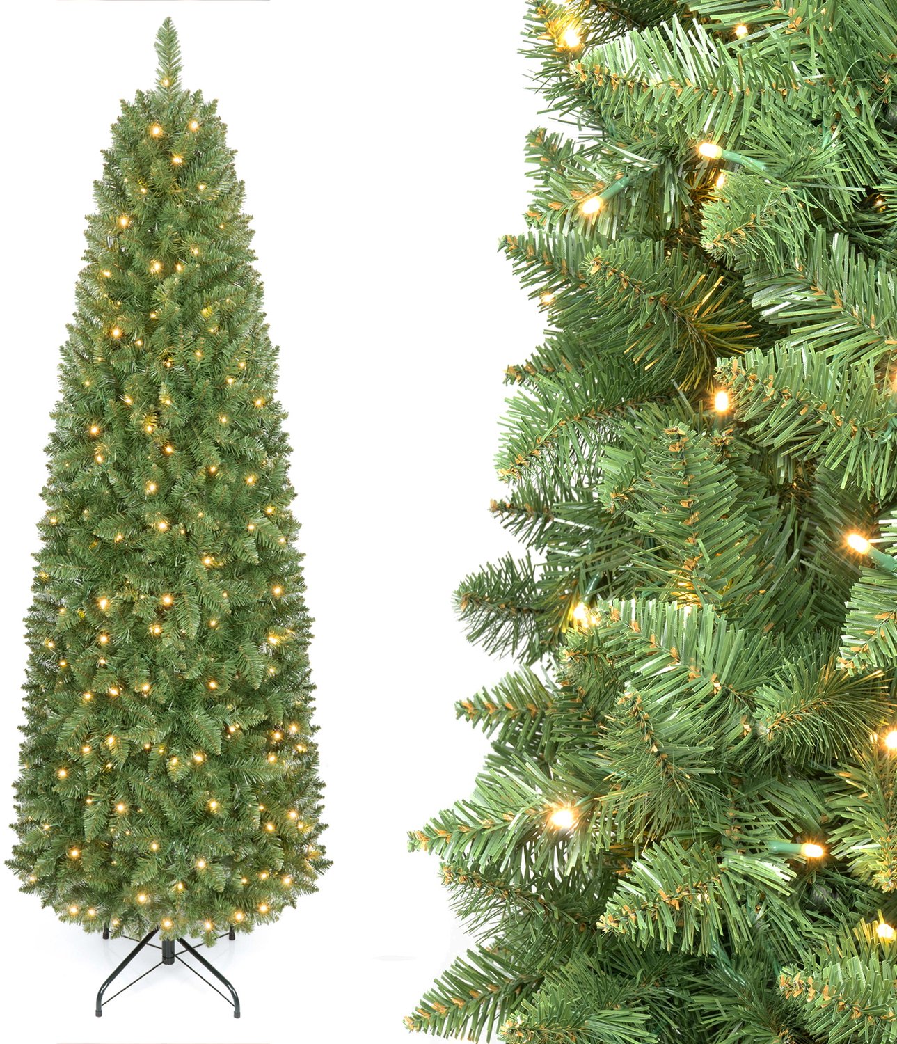 COSTWAY 200 cm Kunstkerstboom smal met verlichting - 708 takken - 250 warmwitte LED-lampjes - Metalen Standaard - Snelle Montage