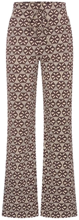 Wijde broek met een bruin en beige ikat-patroon, voorzien van een elastische tailleband met striksluiting.