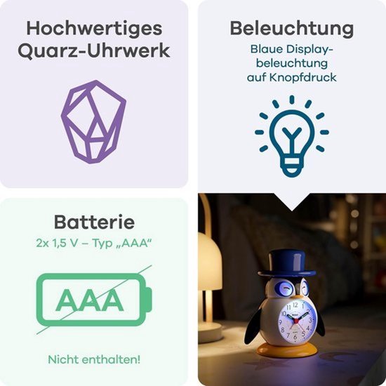 Analoge kinderwekker in pinguïnvorm - Licht, snooze en bewegende ogen — afbeelding 3