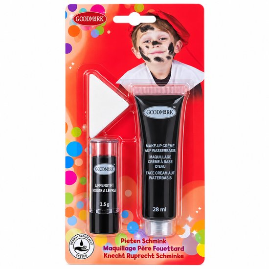Goodmark pieten schminkset met zwarte crème, lippenstift en sponsje, getoond op een kaart met een geschminkt kind.