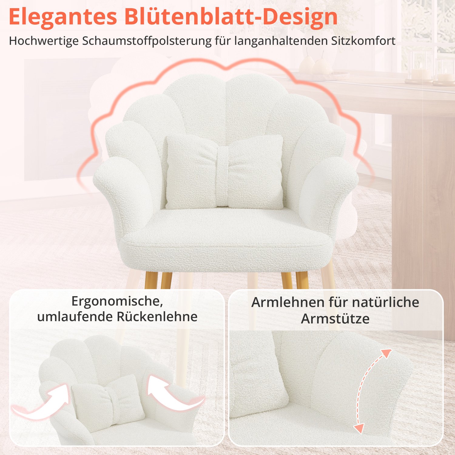 STILVORA Eetkamerstoel Set Van 6 - Bloemvormige Rugleuning Met Armleuningen - Voor Eetkamer En Slaapkamer - Teddystof Wit