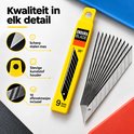 Close-up van gele Endura Blade meshouder met 10 losse stalen afbreekmesjes. Tekst: Kwaliteit in elk detail.