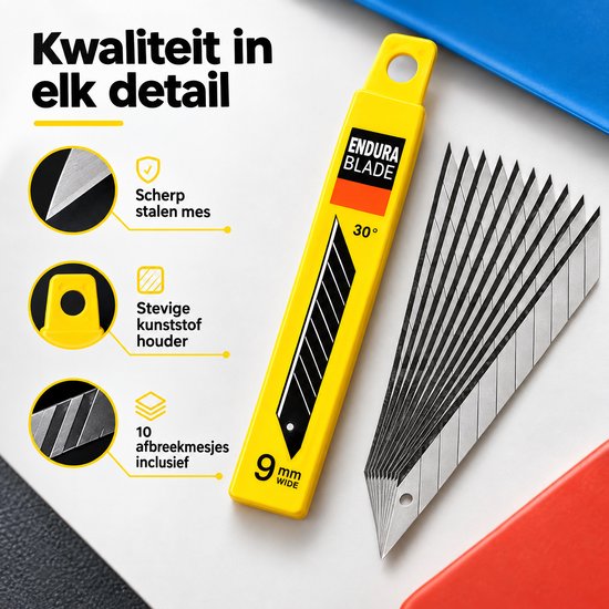 Close-up van gele Endura Blade meshouder met 10 losse stalen afbreekmesjes. Tekst: Kwaliteit in elk detail.