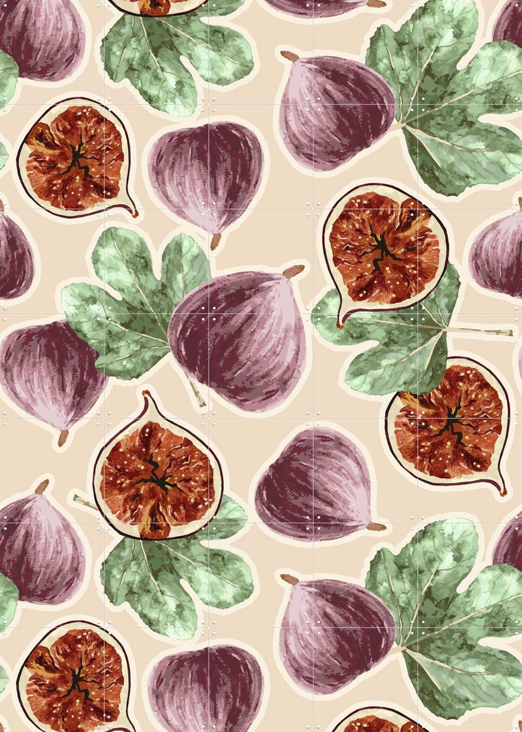 IXXI Mediterranean Fig Dreams, Palmartprints - 100 x 140 cm - Grote wanddecoratie en posters - Illustraties, Keuken, Eetkamer, Bladeren, Fruit Groen / Paars