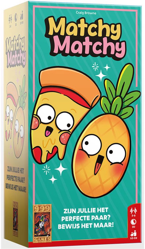 Speldoos Matchy Matchy met cartoonfiguurtjes van pizza en ananas op een turquoise achtergrond.