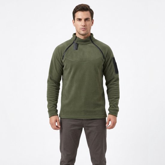 WiseGoods Premium Tactical Fleece Trui Heren - Warme Outdoor Sweater met 2 Ritsen - Thermo Winterkleding - Kleren Man - Legergroen Maat L