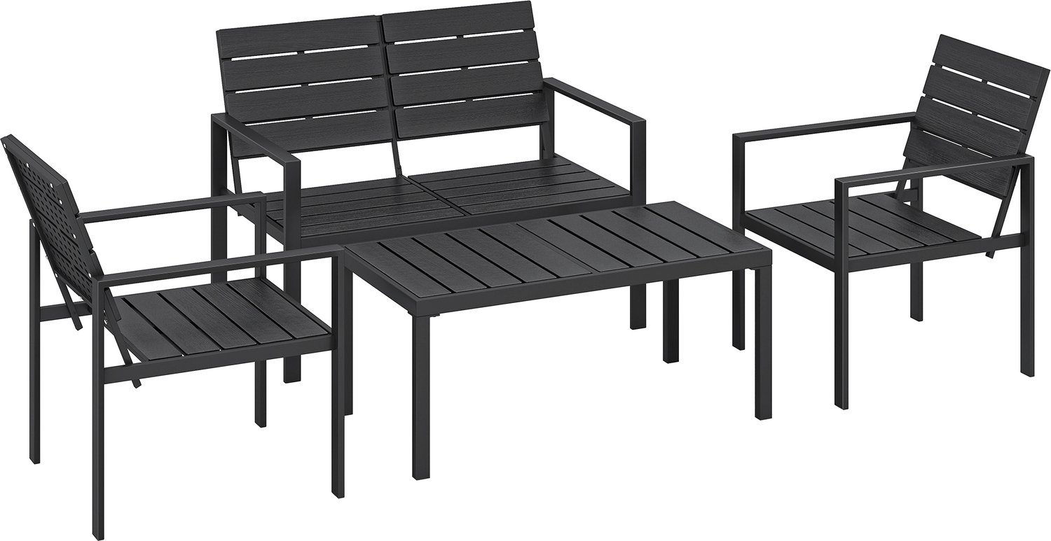 Sunona 4-delige tuinloungeset - Met tweezitsbank, twee fauteuils en salontafel - HDPE en metaal - Zwart