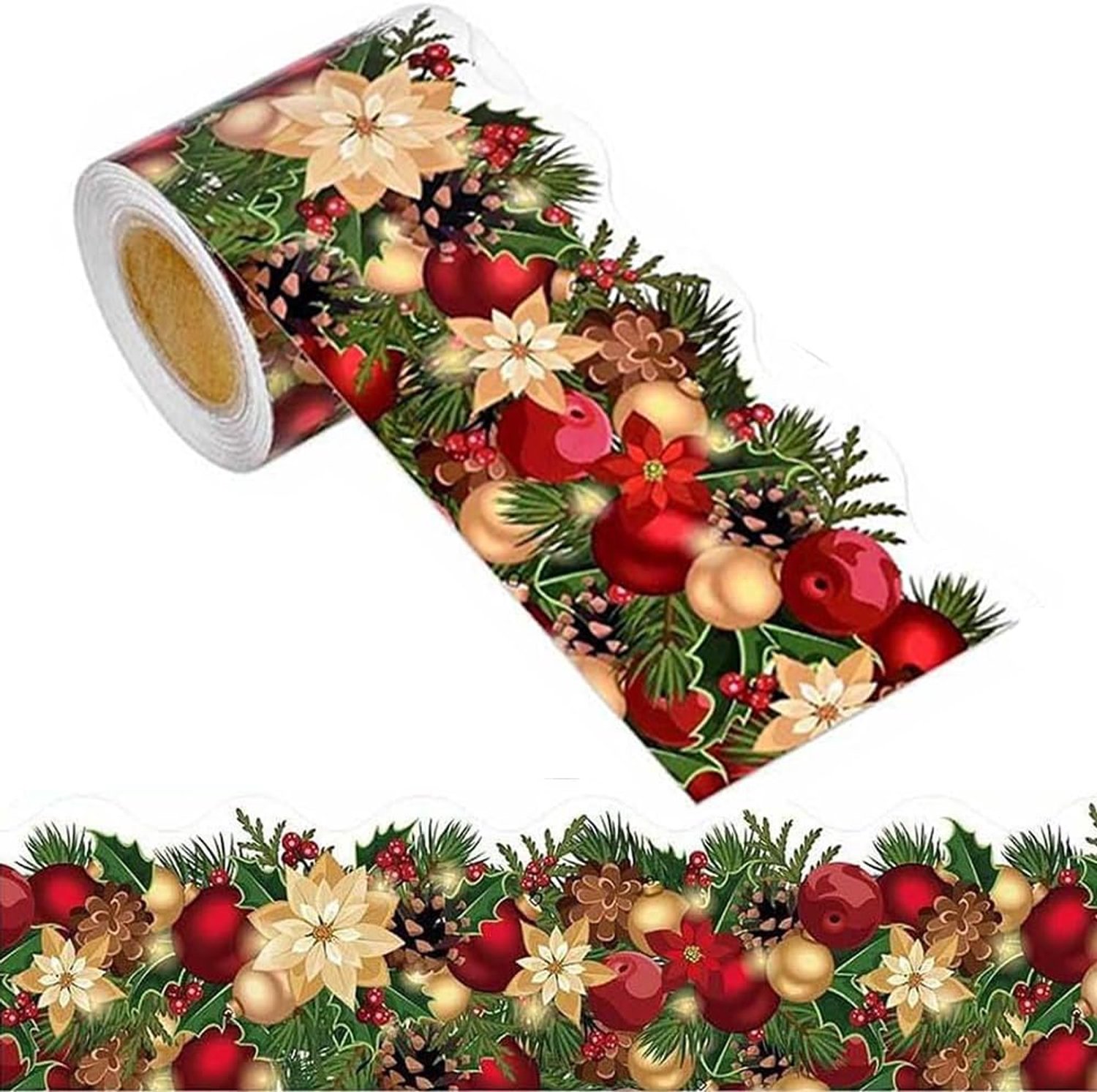 Kerststickers - Zelfklevende Stickers met Dennenappel en Bessenpatroon - 7.5 cm Breed - Voor Kaarten Fotolijsten Ramen en DIY - Feestelijke Randsticker - Totale Lengte 18 Meter - 1 Rol