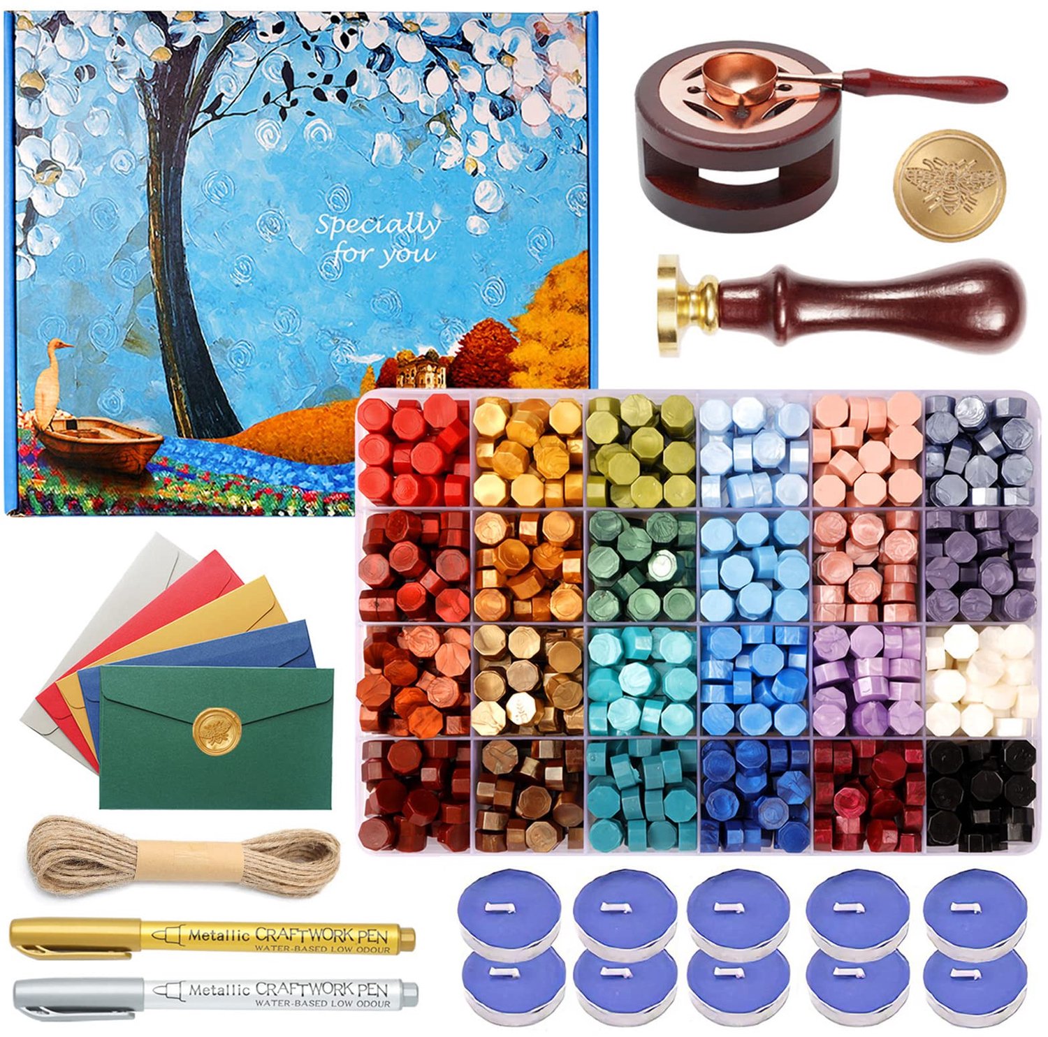 Wachssiegel Stempel Set - 630-delig met zegelstempel, smeltlepel, waxparels, theelichtjes en enveloppen - Voor knutselprojecten en uitnodigingen