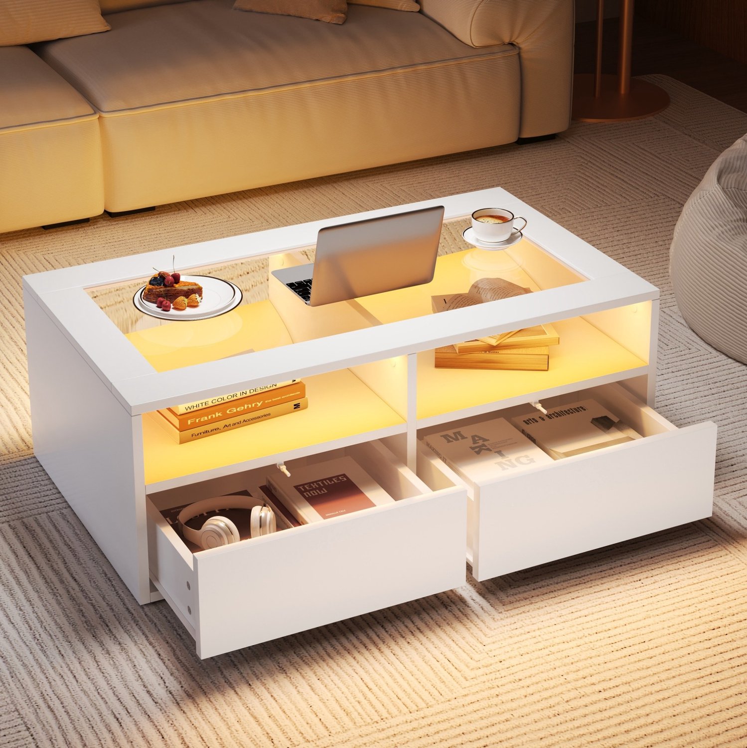 Maisentiel Salontafel 100 x 50 x 35 cm met LED en 2 lades, glas en spaanplaat, wit