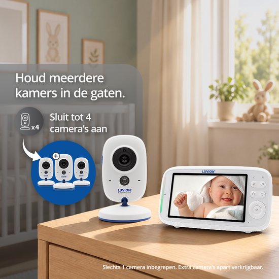 Wit Luvion camerastation en monitor, uitbreidbaar tot 4 camera's voor toezicht op meerdere kamers.
