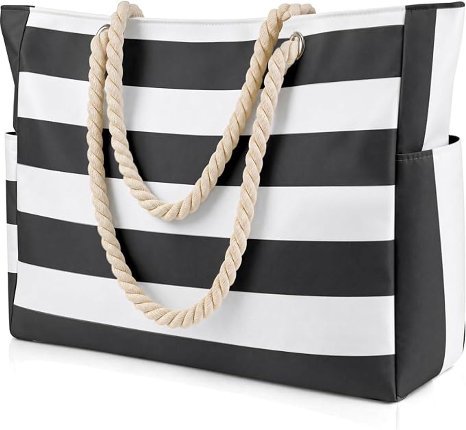 Ultiluxe® Grote strandtas met strepen - Schoudertas voor volwassenen - 51 x 40 x 14 - Waterdicht - Handtas met ritssluiting - 4 vakken - Zwemtas, sporttas, grote shopper, badtas - Grote capaciteit - Zwart/wit