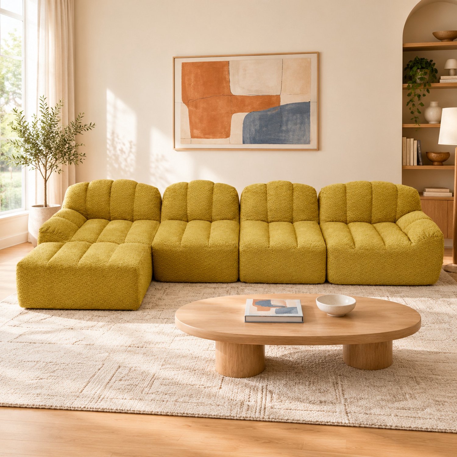 WUVRIE Modulaire hoekbank 366x165 cm - 4-zits met poef en 32D schuimvulling - Geel