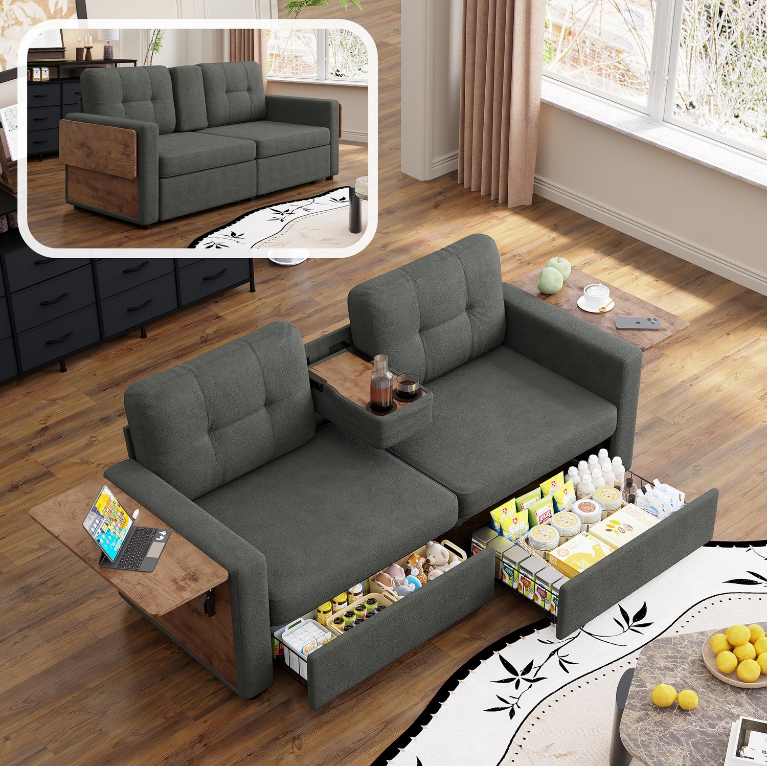 FloraGrace Slaapbank 178 Cm - 2-Zits Met Opberglades - Verstelbare Laptoptafel En Bekerhouders - Woonkamer - Chenille - Donkergrijs