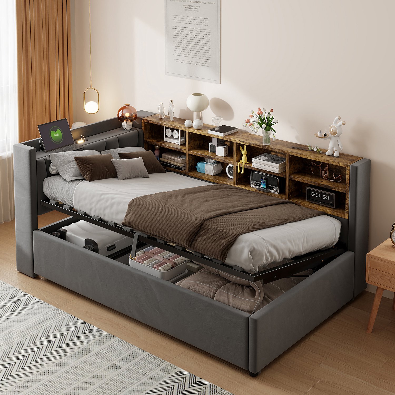 OOIILLEE Slaapbank gestoffeerd bed 90*200 cm, met hydraulische opbergruimte, met nachtlampje, USB- en Type-C-oplaadpoort, met legborden en opbergvakken, gestoffeerd hoofdeinde, multifunctioneel bed van fluweelstof donkergrijs